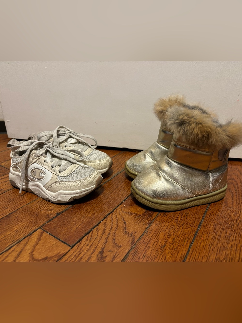 Girls size 7 toddler Metallic Gold fox Fur Boots + Champion Crean Sneakers Set